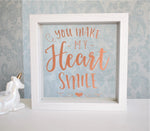 You Make My Heart Smile Quote Floating Frame. Girlfriend Wife Personalised Gift. Rose Gold White. Wood Plaque Sign. Mum Daughter Wedding