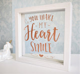 You Make My Heart Smile Quote Floating Frame. Girlfriend Wife Personalised Gift. Rose Gold White. Wood Plaque Sign. Mum Daughter Wedding